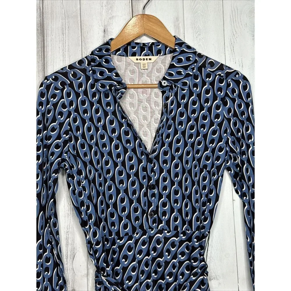 Boden Laura Shirt Dress 4P Petite Tencel Jersey Azure Blue Geo Chain Midi Belted - Picture 4 of 13
